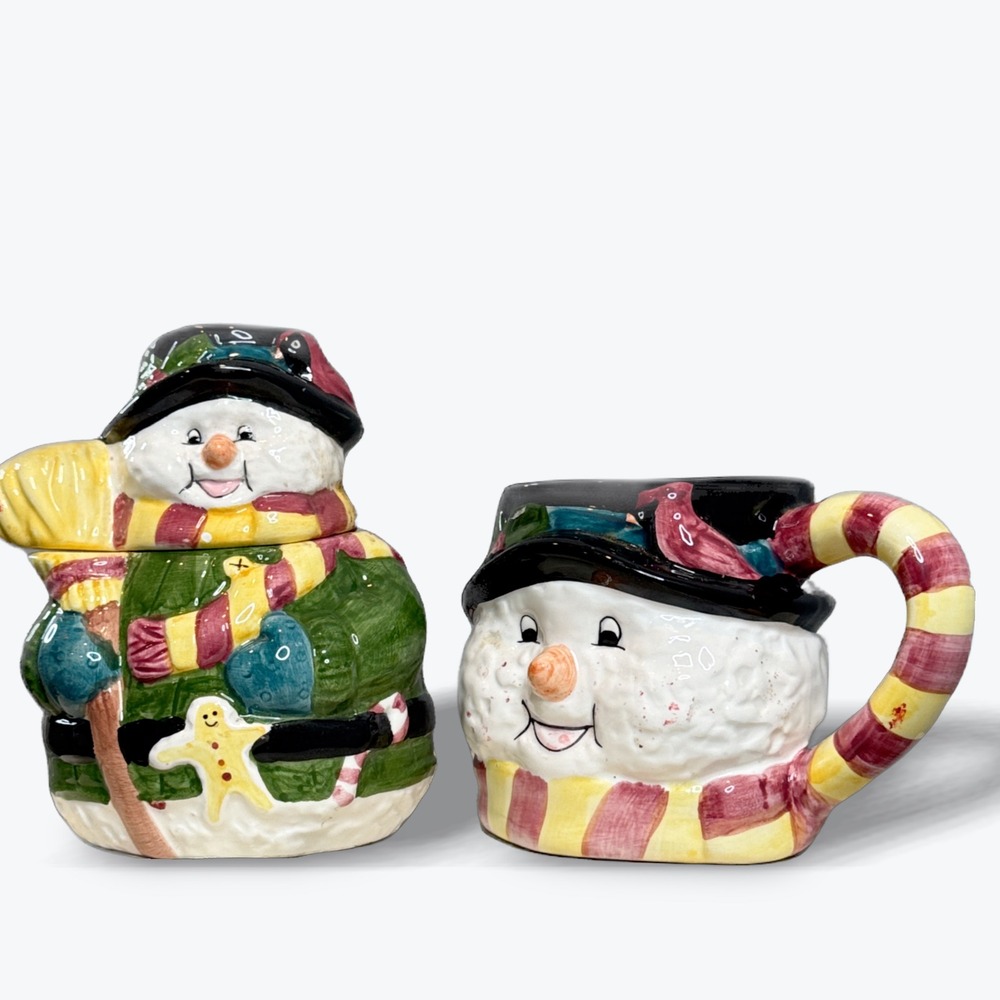 Vintage Ceramic Snowman Cookie Jar & Mug Set 6 inch and 4 inch Holiday Winter‎